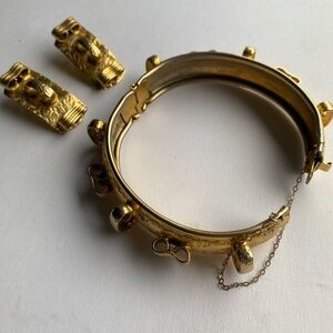 AUTHENTIC stamped Freirich gold tone antique clip on earrings and bracelet